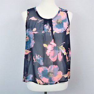 A’gaci Sheer Floral Navy Chiffon Sleeveless Blouse Women’s Size S